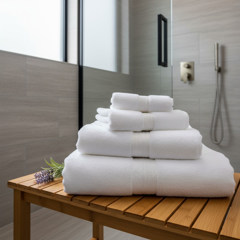 A stack of white towels on a wooden bench in a modern bathroom.