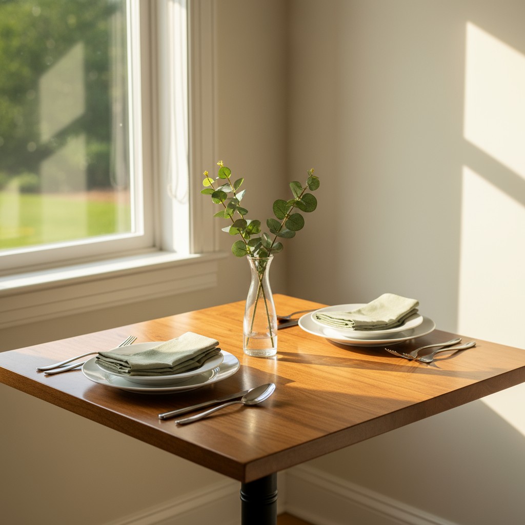 countryside home scene with two indoor tables set with simple dishes and light-green decor against sunny window.